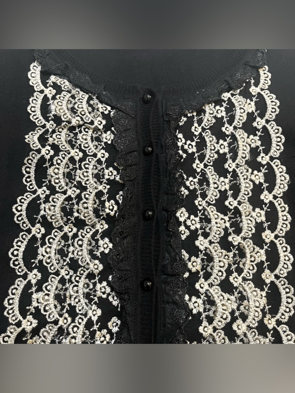 Y2K FOX Black & Gold Floral Frill Ruffle Lace Button Cardigan Limited Edition - Picture 8 of 14